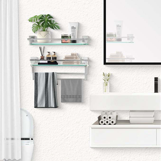 Bathroom Shelves Glass Shelf with Bar 20 Inch Floating Tempered Glass Shelf with 2 Towel Rails for Modern Shower Bath Storage Glass Rack Wall Mounted Stainless Steel Brushed Nickel，A7617BN