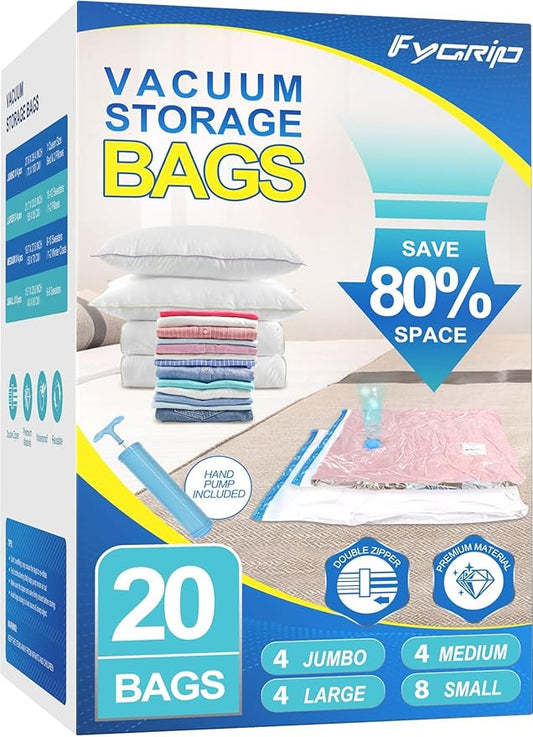 20 Pack Vacuum Storage Bags with Hand Pump, 4 Jumbo + 4 Large + 4 Medium + 8 Small Plastic Packaging Bags, 80% Space Saver Vacuum Seal Bags for Clothing, Travel Lugggage, Blankets, Comforters