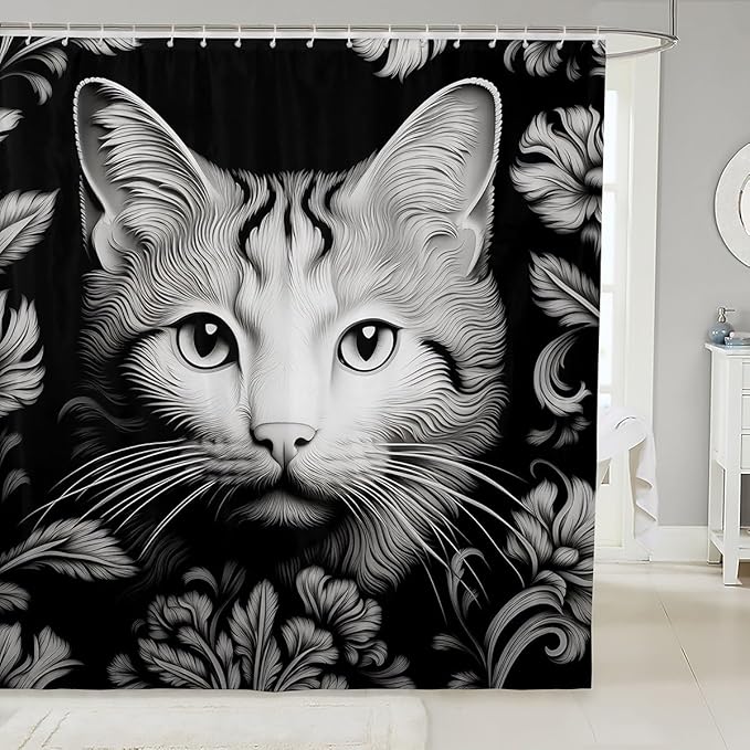 Feelyou Cute Cat Shower Curtain Kids Black White Cat Fabric Shower Curtain 3D Print Bathroom Waterproof Accessories with 12 Hooks for Women Men Flower Pattern Curtains,72x72 Inches