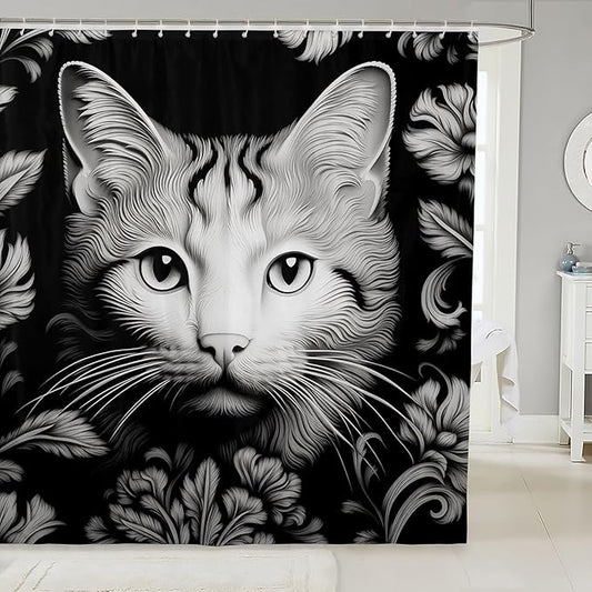 Feelyou Cute Cat Shower Curtain Kids Black White Cat Fabric Shower Curtain 3D Print Bathroom Waterproof Accessories with 12 Hooks for Women Men Flower Pattern Curtains,72x78 Inches
