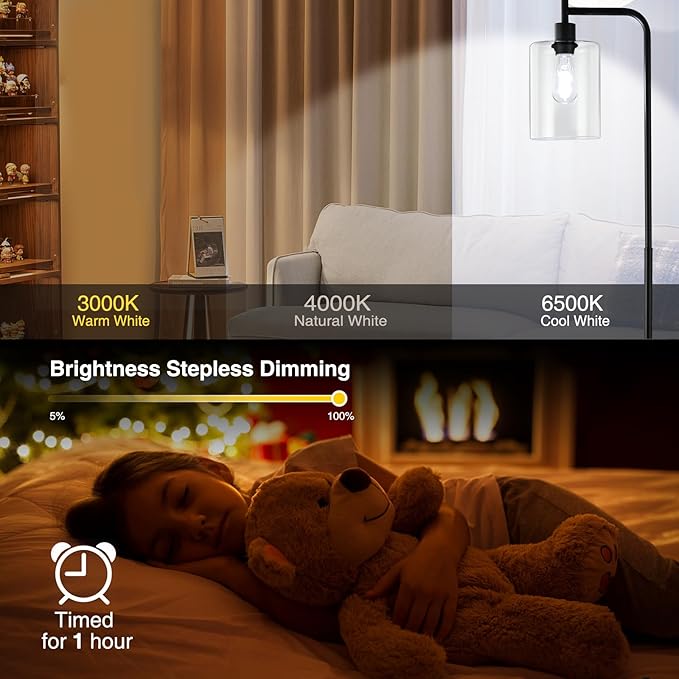Industrial Floor Lamp, Dimmable Modern Standing Lamp with Clear Glass Shade, Black Tall Lamp with Remote & Foot Control, LED Bright Corner Lamp with 6W Bulb for Living Room Bedroom Office…