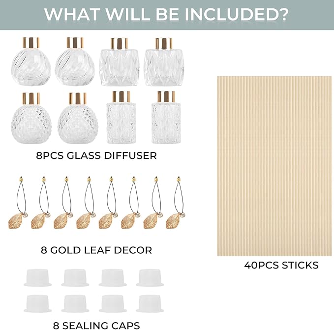 8Pcs Reed Diffuser Set with Metal Golden Decoration, 3.5oz-4.2oz Empty Bottles with 20Pcs Reed Sticks, Unique Design Bottles for Home and Office