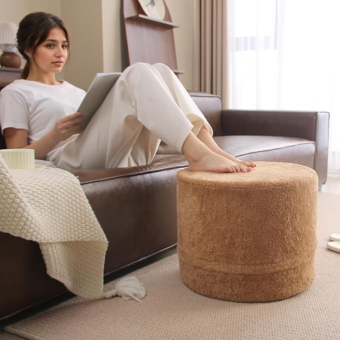 Tiita Pouf Ottoman and Foot Rest, Round Foam Stuffed Floor Pouf with Storag for Living Room, Brown