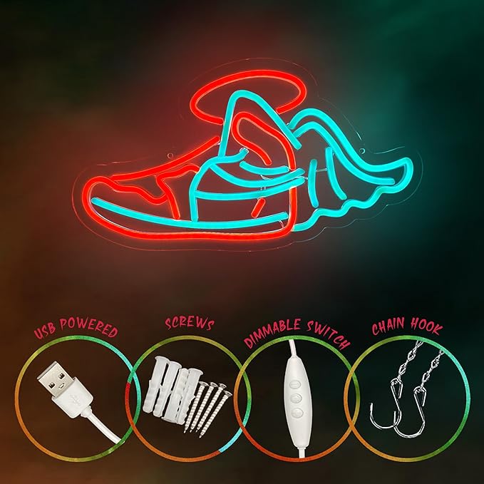 Sports Shoe Neon Sign Sneaker Neon Signs for Wall Decor,Dimmable LED Neon Light Sign for Bedroom Man Cave Wall Art, Boy Birthday Gift, Room Decor