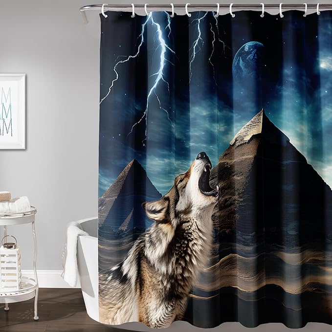 AILONEN Howling Wolf Shower Curtain,Retro Pyramid Evening Wolf Bath Curtain,Safari Wolf Curtain for Bathroom Decor,Polyester Waterproof with 12 Plastic Hooks 72" W*84" H