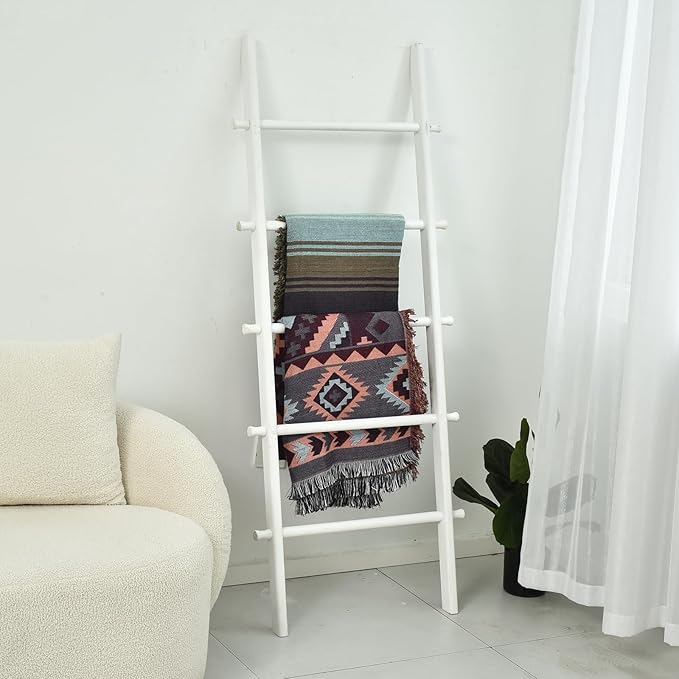 FUIN 57in Wood Blanket Ladder Living Room Decorative Wall Leaning Farmhouse Quilt Display Holder Rustic Wooden Towel Rack for Bathroom, White