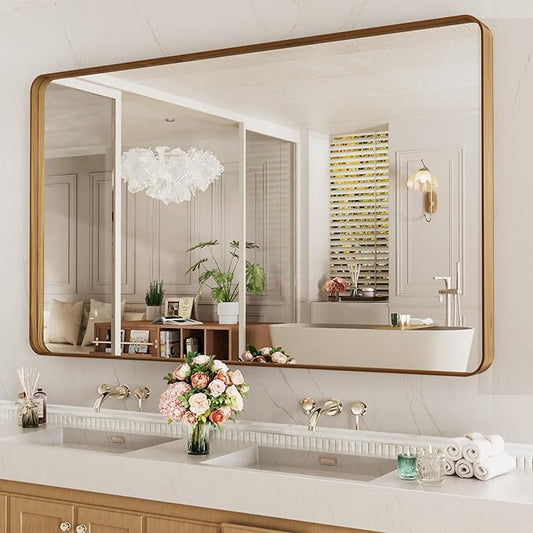LOAAO 60X30 Inch Bathroom Mirror with Wood Grain Colored Metal Frame, Rounded Rectangle Metal Framed Bathroom Mirror, Anti-Rust, Hangs Horizontally or Vertically, Tempered Glass