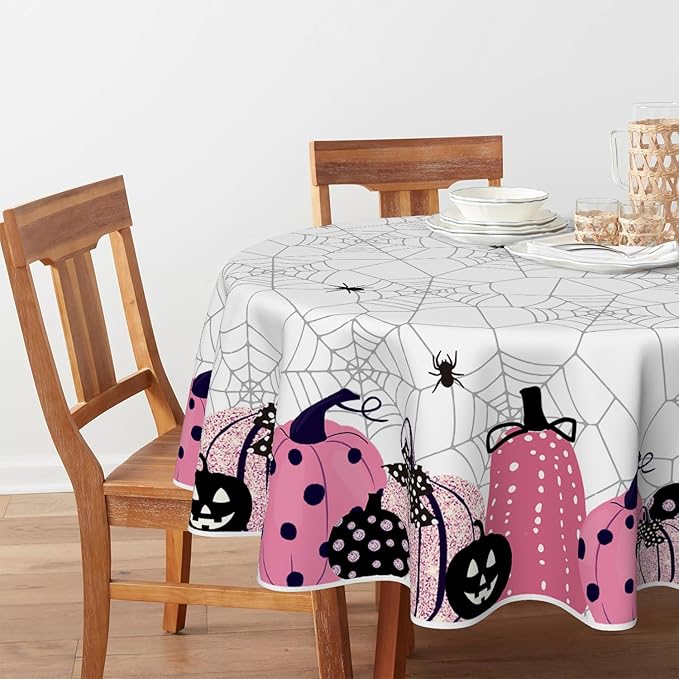 Horaldaily Halloween Tablecloth 70×70 Inch Round, Jack-O-Lantern Pumpkin Cobweb Scary Themed Pink Washable Table Cover for Party Picnic Dinner Decor