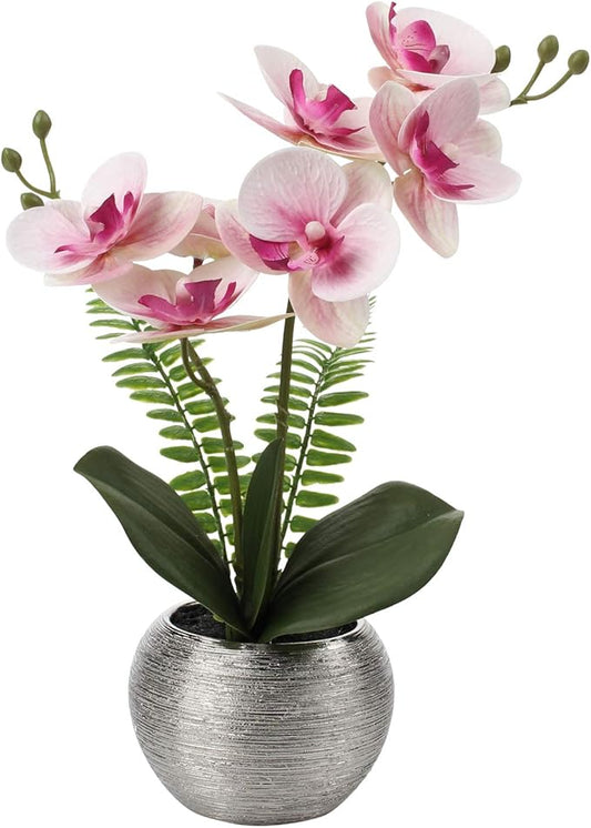 Briful Fake Orchid Fake Flowers 13'' Pink Orchids Artificial Flowers with Silver Ceramic Vase Faux Orchid for Home Office Decor Indoor