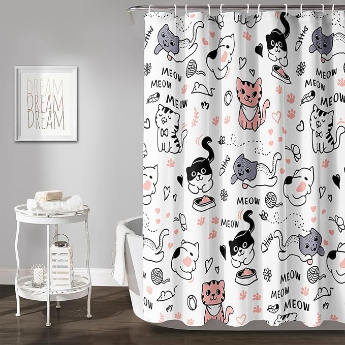 AILONEN Cat Shower Curtain, Cute Cat Cartoon Pet Cat Kitten Bathroom Curtain,Cat Paw Print Cat Lover Bath Curtain 72" W*78" H Polyester Waterproof Bathroom Curtain with 12 Hooks