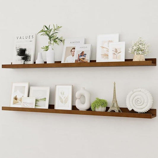Picture Ledge Shelf, Solid Pine Wood Rustic Floating Shelves for Wall, 48 Inch Long Floating Shelves with Lip for Bedroom Kitchen Living Room Nursery Display, Set of 2 (Walnut)