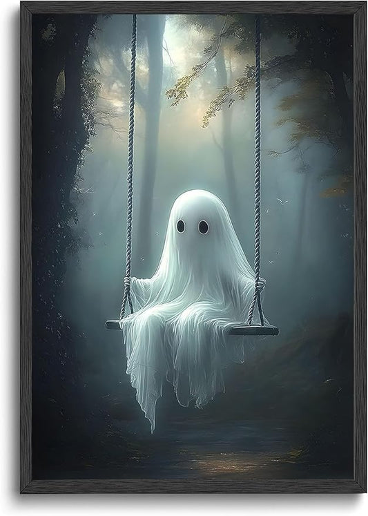 ILLBDR Cute Ghost Canvas Wall Art Halloween Decor Vintage Painting, Spooky Silhouette Ghost Haunted House Art, Bedroom Gothic Decor Ready to Hang, 12x16 Inch Unframed