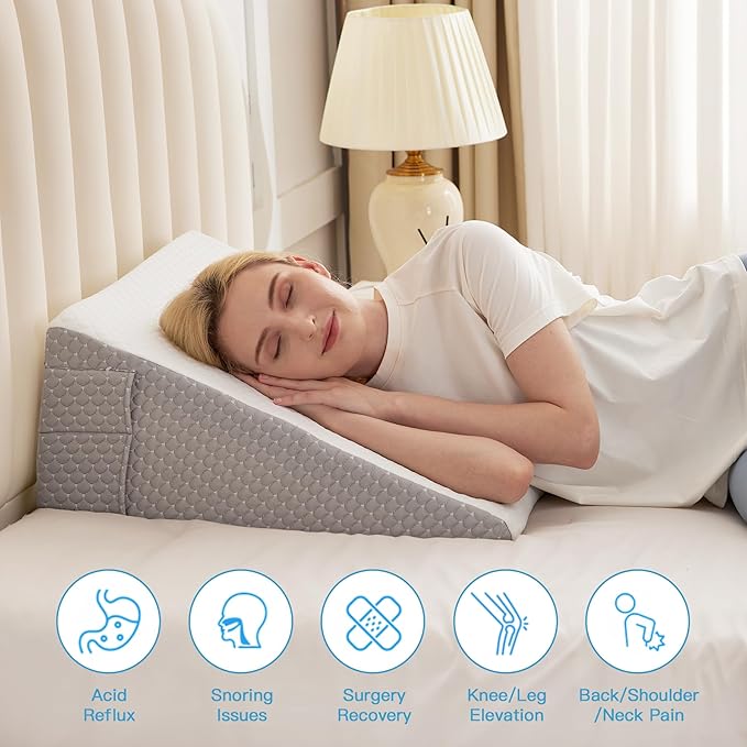 Wedge Pillow for Back Pain Relief, Bed Wedge Pillow for Sleeping, 24×24×12 Inch Memory Foam Anti Snore Pillow, Triangle Pillow Wedge for Sleeping Acid Reflux, Gerd, Elevated Pillow White/Grey