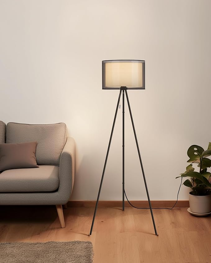 KDG Modern Floor Lamp - Tall Tripod Lamp for Living Room, Bedroom, Office; Fabric Shade, LED Bulb, Warm Light (Black)