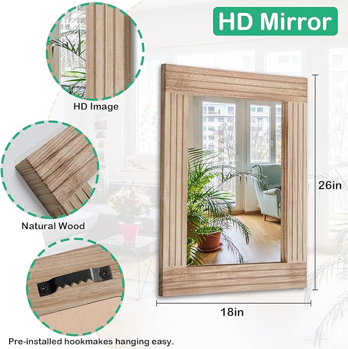 Rectangle Mirror Retro Wooden Wall-Mounted Mirrors Farmhouse Bedroom Bathroom Vanity Entrance Decorative Antique Hanging Mirror Large 26"x18"