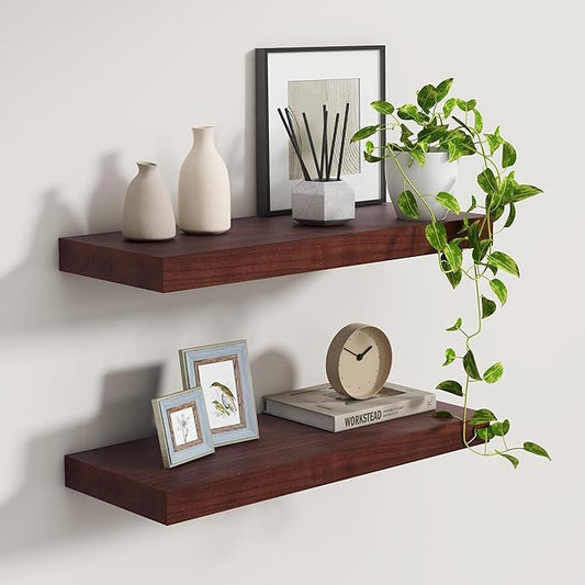 Floating Shelves, 9.3 Inch Deep Floating Shelves for Wall, Solid Wood Shelves 24 Inch Long, Deep Wall Shelves for Living Room, Bathroom, Kitchen, 24"W x 9.3"D x 1.6"H, Walnut Color, Set of 2