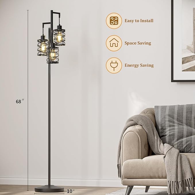 Oneach 68" Industrial Standing Floor Lamp, Stepless Dim Light with 3 Bulbs, Farmhouse & Corner Design, Tall Lamp for Home and Office, Black