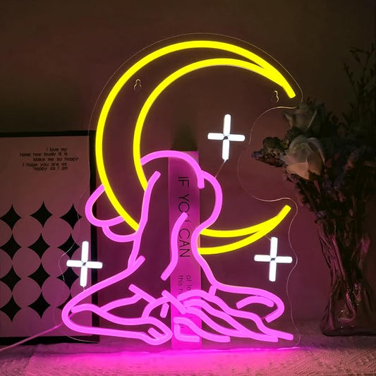 Moon Lady Neon Sign for Wall Decor Dimmable Woman Led Lights Signs Pink Yellow Led Signs for Bedroom decor Neon Light for Bar Party Salon Decoration for Girls' Birthday Gift