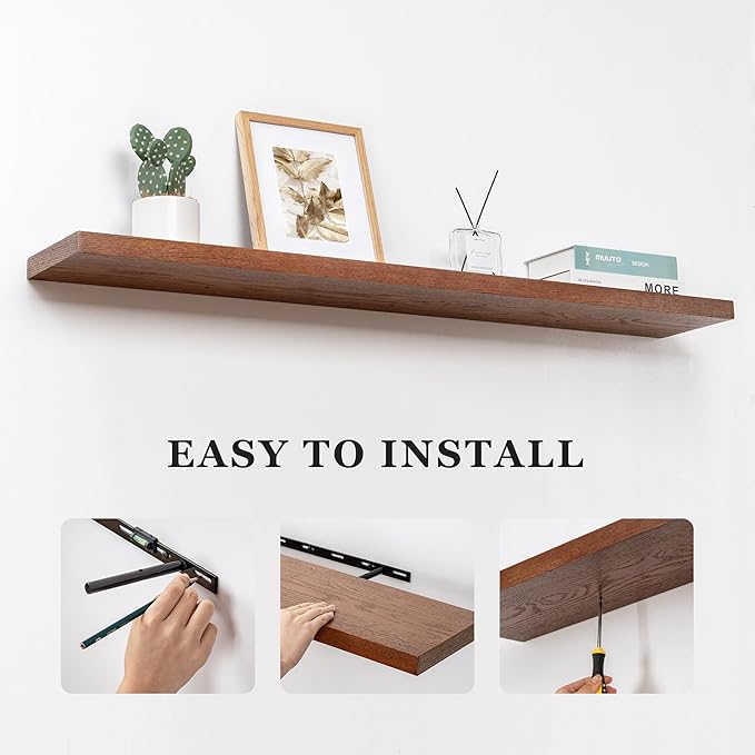 Fun Memories Floating Shelves, 8 Inch Deep Floating Shelves, Natural Oak Wood Floating Shelf 48 Inch Long, Rustic Wooden Wall Shelves for Home Storage, 48" W x 8" D, Walnut Oak Color, Set of 1