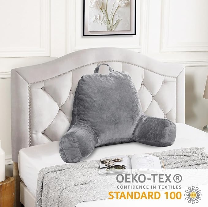 Sasttie Reading Pillow for Sitting in Bed Adult, Velvet Back Pillow for Bed Sitting Up, Backrest Back Support Chair Pillow, College Dorm Essentials for Girls and Boys, Dark Grey