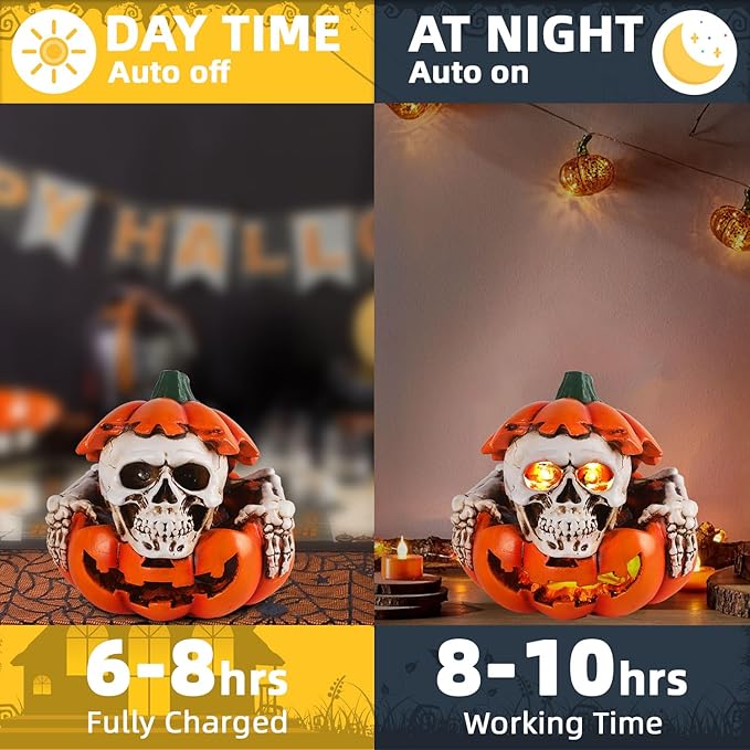 Halloween Skull Pumpkin Decor - Solar Powered Resin Skull & Pumpkin, Unique Garden Decor for Outside Yard Porch Lawn, Halloween Decorations Outdoor/Indoor