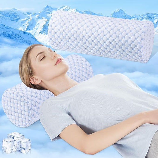 Neck Roll Pillow with Cooling Pillowcase - 16 x 6.3 Inch Round Neck Pillow for Sleeping - Memory Foam Bolster Pillow for Legs, Cylinder Pillows for Cervical, Back, Lumbar (Cool Blue)