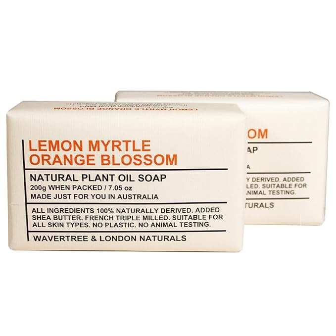 Wavertree & London Lemon Myrtle & Orange Blossom Scented Natural Soap Bars (2 Bars), 7oz Moisturizing French Triple Milled Soap enriched with shea butter - Bath & Body Soap [100% Naturally derived]