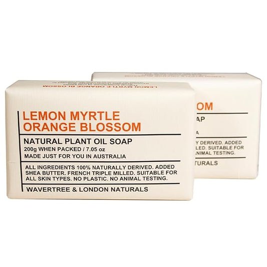 Wavertree & London Lemon Myrtle & Orange Blossom Scented Natural Soap Bars (2 Bars), 7oz Moisturizing French Triple Milled Soap enriched with shea butter - Bath & Body Soap [100% Naturally derived]
