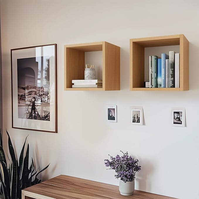 Kaboon Cube Floating Shelves Set2, Display Shelves Wall Mount 7.75" D x 12.5" W x 12.5" H, (Light Walnut, Square 2 Cubes)