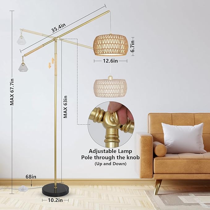 Gold Floor Lamp with 3 Color Temperatures, Floor Lamps for Living Room with Remote and LED Dimmable Bulb, Farmhouse Arc Standing Lamp, Rattan Floor Lamp for Bedroom, Adjustable Over Couch Tall Lamp