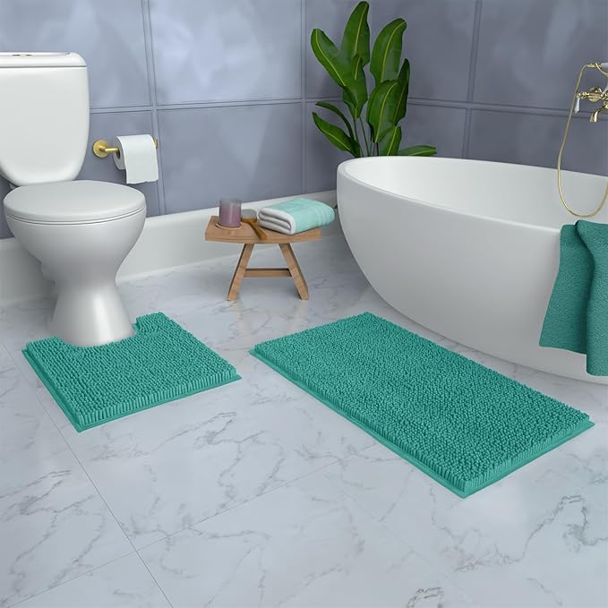 LuxUrux Bathroom Rugs Sets 2 Piece: Quick Dry, Soft Plush Anti-Slip, Super Absorbent. Includes Rectangular (31x20 inches) & U-Shaped Toilet Mat (20x20 inches) | Turquoise