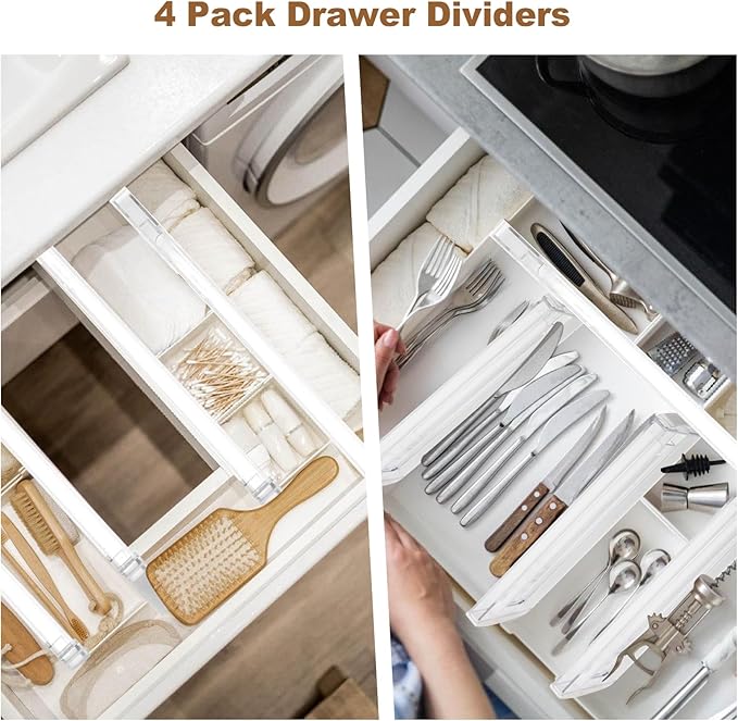 4 Pack Drawer Dividers for Clothes, 4" High 10"-17" Adjustable Drawer Dividers Expandable Dresser Drawer Organizers, Clear Drawer Separators for Clothes, Underwear, Cosmetic, Kitchen Utensils Storage