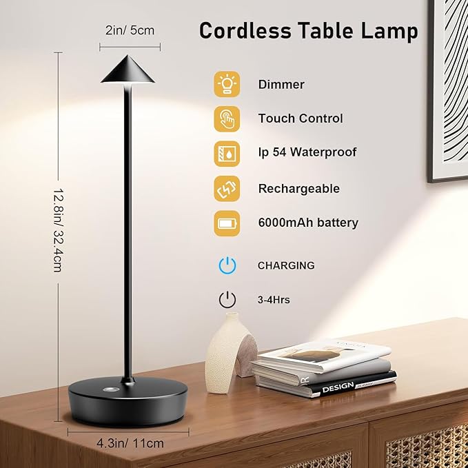 Set of 2 Rechargeable Cordless Table Lamp,6000mAh LED Battery Operated Desk Lamp Touch 3 Color Dimming Portable Outdoor Waterproof Table Light for Patio/Restaurant/Dining/Home (Black)