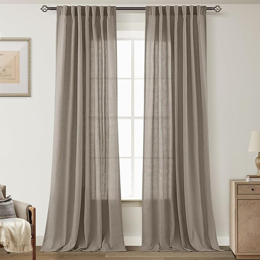 Taupe Linen Curtains 90 inches Long for Living Room Back Tab Rustic Farmhouse Semi Sheer Light Filtering Window Curtain Dining Room Soft Thick Flax Linen Textured Drapes Burlywood Birch Dark Brown