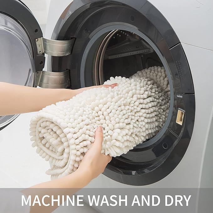 Bath Mat for Bathroom Ultra-Soft Machine Washable Rugs for Shower Room with Non-Slip Backing Shaggy Absorbent Luxury Chenille Bath Rug Perfect for Tub Sink Bedroom Door (24"x36", Ivory White)