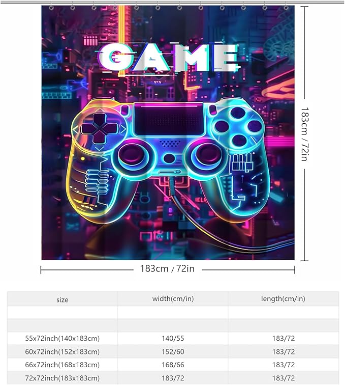 Video Game Shower Curtain Gaming Gamepad Controller Shower Curtains for Bathroom Decor Waterproof Polyester Fabric Gamer Bathroom Curtain with Hooks 55x72 Inch