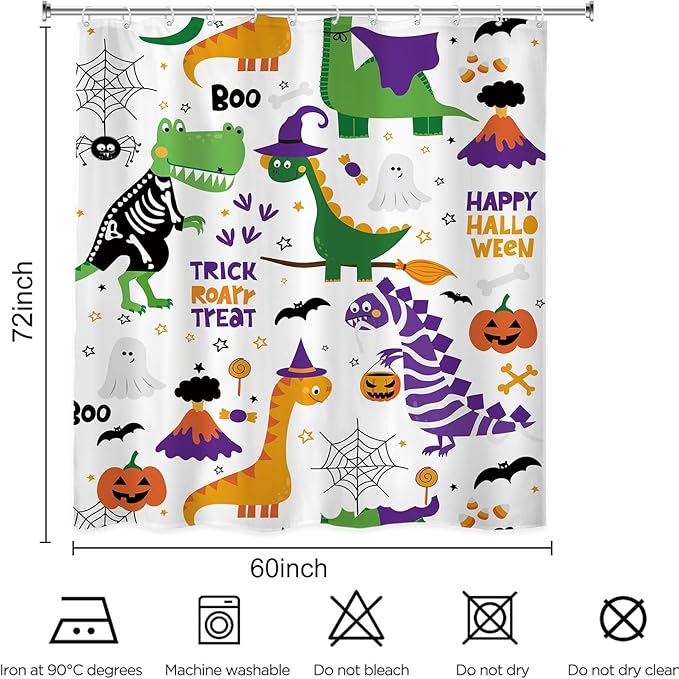 Dinosaur Halloween Boys Shower Curtain 60Wx72L Inch Dino Kids Child Pumpkin Spider Spooky Cartoon Funny Bathroom Set Accessories Decor Polyester Waterproof with 12 Pack Hooks