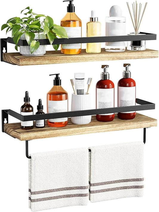 AMADA HOMEFURNISHING Bathroom Shelves with Towel Bar, Floating Shelves, Wall Shelves for Bathroom/Living Room/Kitchen/Bedroom, Light Brown Shelves Set of 2 - AMFS01