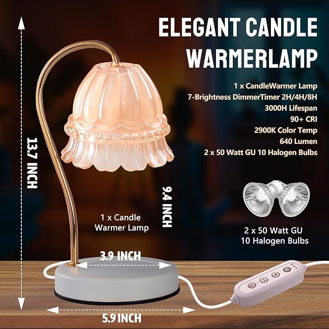 Candle Warmer Lamp with Dimmer - Electric Candle Lamp with Timer for Jar Candles Scented Candles, Plug-in Wax Warmer Lamp for Home & Office with 2 Bulb (White Peony)