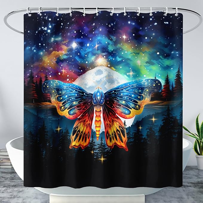 AILONEN Colorful Moth Shower Curtain,Galaxy Moon Moth Bath Curtain for Bathroom Decor,Polyester Waterproof with 12 Plastic Hooks 36" W*72" H