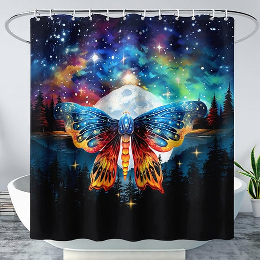 AILONEN Colorful Moth Shower Curtain,Galaxy Moon Moth Bath Curtain for Bathroom Decor,Polyester Waterproof with 12 Plastic Hooks 72" W*96" H