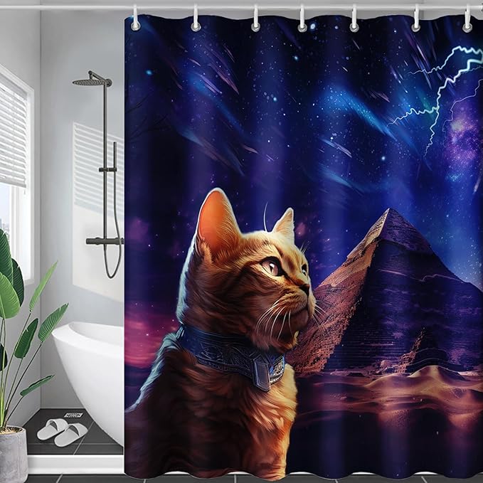 AILONEN Cat Shower Curtain,Blue Galaxy Lightning Pyramid Pet Cat Bath Curtain Gifts for Cat Lover,Polyester Waterproof for Bathroom,36" W*72" H with Plastic Hooks