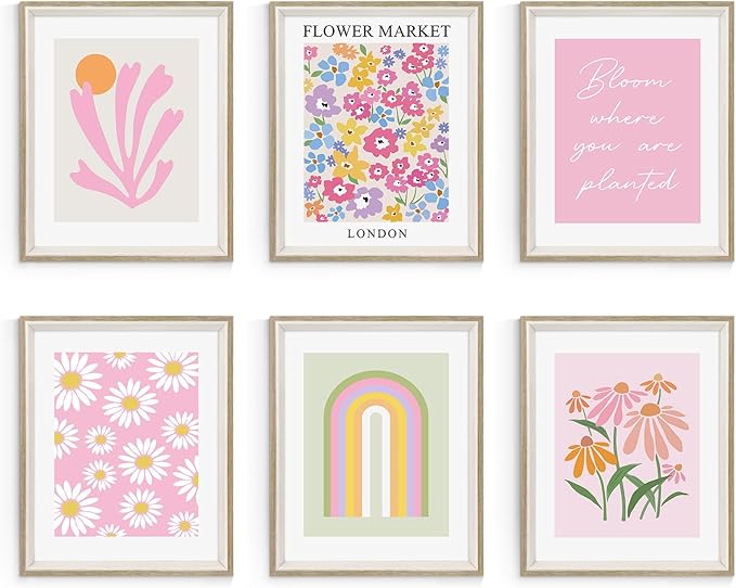 Habseligkeit Pink Danish Pastel Wall Art Prints, Boho Matisse Wall Art Exhibition Posters, Flower Market Posters for Room Decor Aesthetic Framed, 8x10in, Set of 6