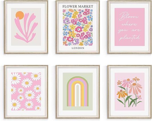 Habseligkeit Pink Danish Pastel Wall Art Prints, Boho Matisse Wall Art Exhibition Posters, Flower Market Posters for Room Decor Aesthetic Framed, 8x10in, Set of 6