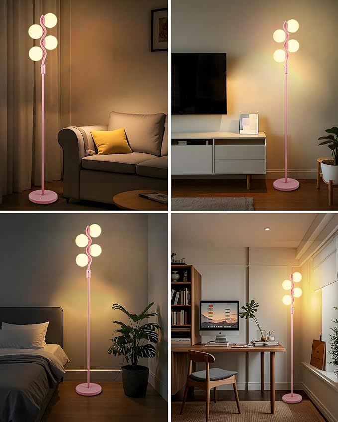 60IN Dimmable (Brightness Adjustable) Pink Pole Floor Lamp, Modern Standing Lamps with 4 Globe Soft Warm White 3000K Bulbs, Mid Century Floor Lamp for Living Room Bedroom Home Decor
