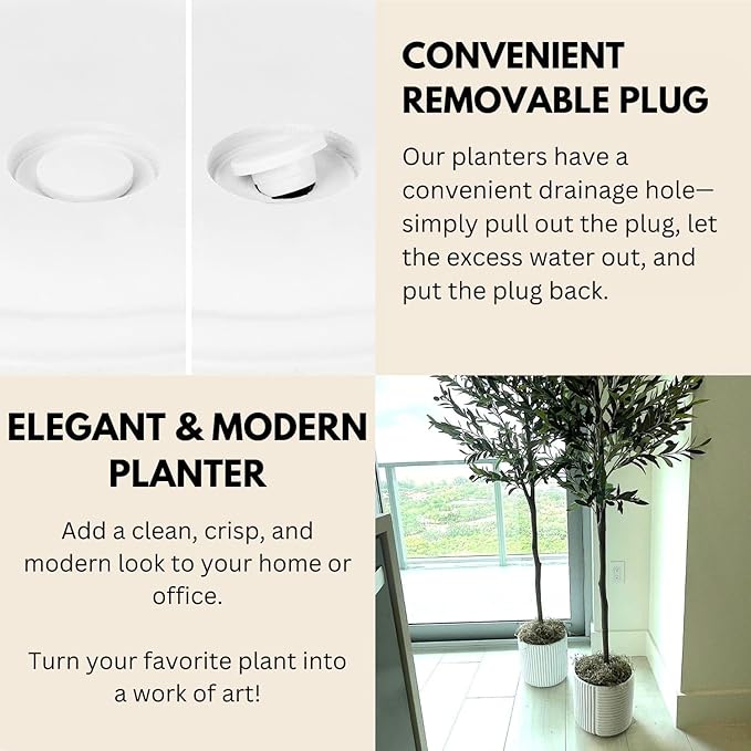 Fox & Fern Large 12 Inch Planter with Drainage Plug — Premium Polystone White Plant Pot; Modern Planter with 3D Texture and Ceramic Finish; 12 Inch Pots for Plants Indoor & Outdoor