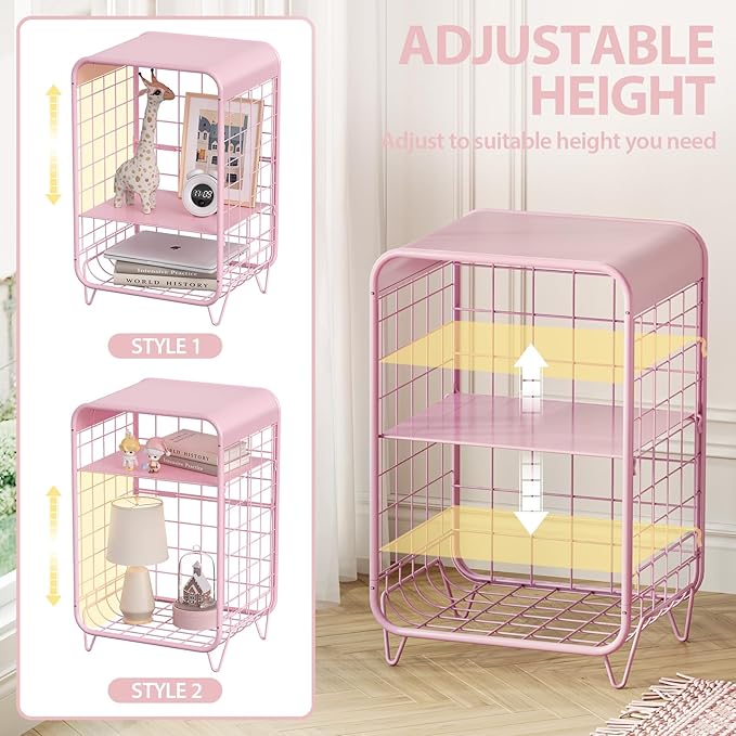 APEXCHASER Cute Kids Pink Nightstand,Metal Side Table,3 Tier End Table with Storage,Vintage Bedside Table,Girls Bedroom Furniture for Living Room,Bedroom,Dorm