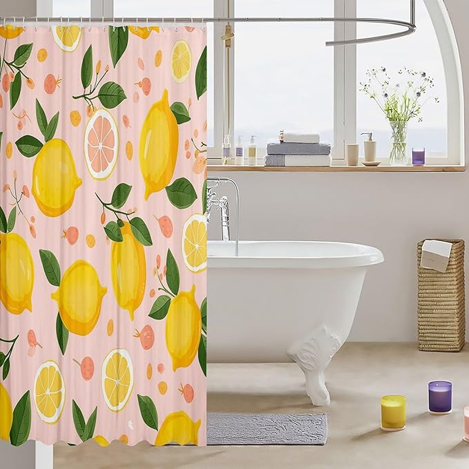 Feelyou Lemon Shower Curtain Kids Cartoon Lemon Fabric Shower Curtain Citrus Bathroom Waterproof Accessories with 12 Hooks for Women Men Yellow Pink Curtains,72x78 Inches