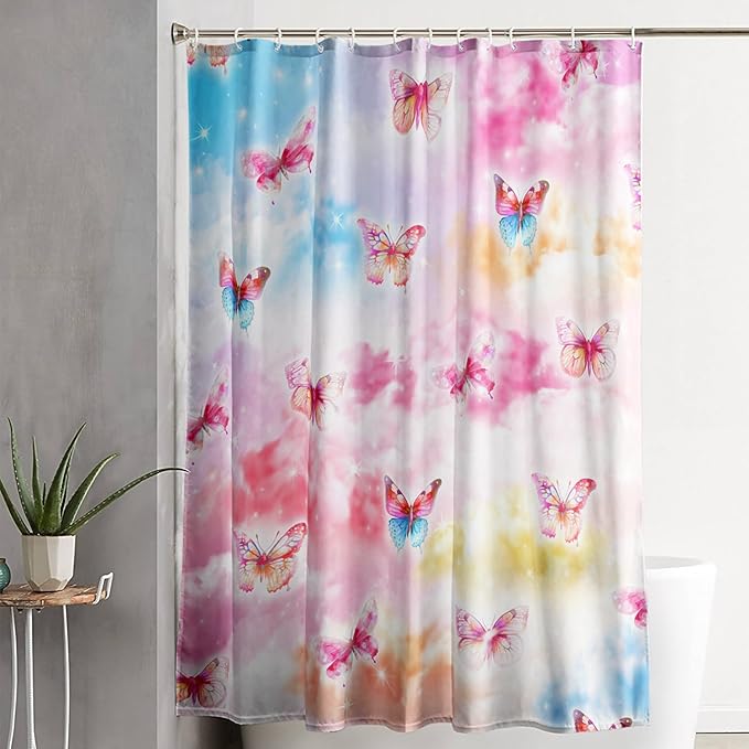 AILONEN Butterflies Shower Curtain Set, Colourful Butterfly Washable Fabric Shower Curtain for Girls,Shining Stars Waterproof Shower Curtain for Pink Lover,72" W*96" H
