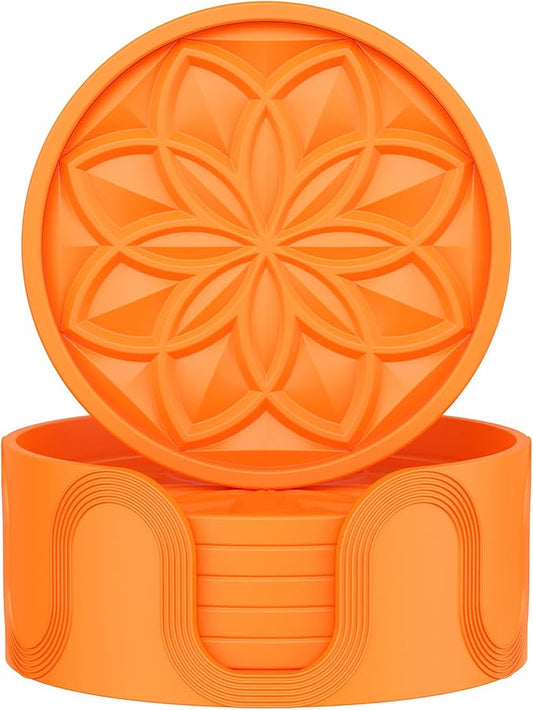 HFHOME Silicone Coasters Set with Holder - 6 Pack Drink Coasters for Coffee Table, Bar Tabletop Protection - Orange